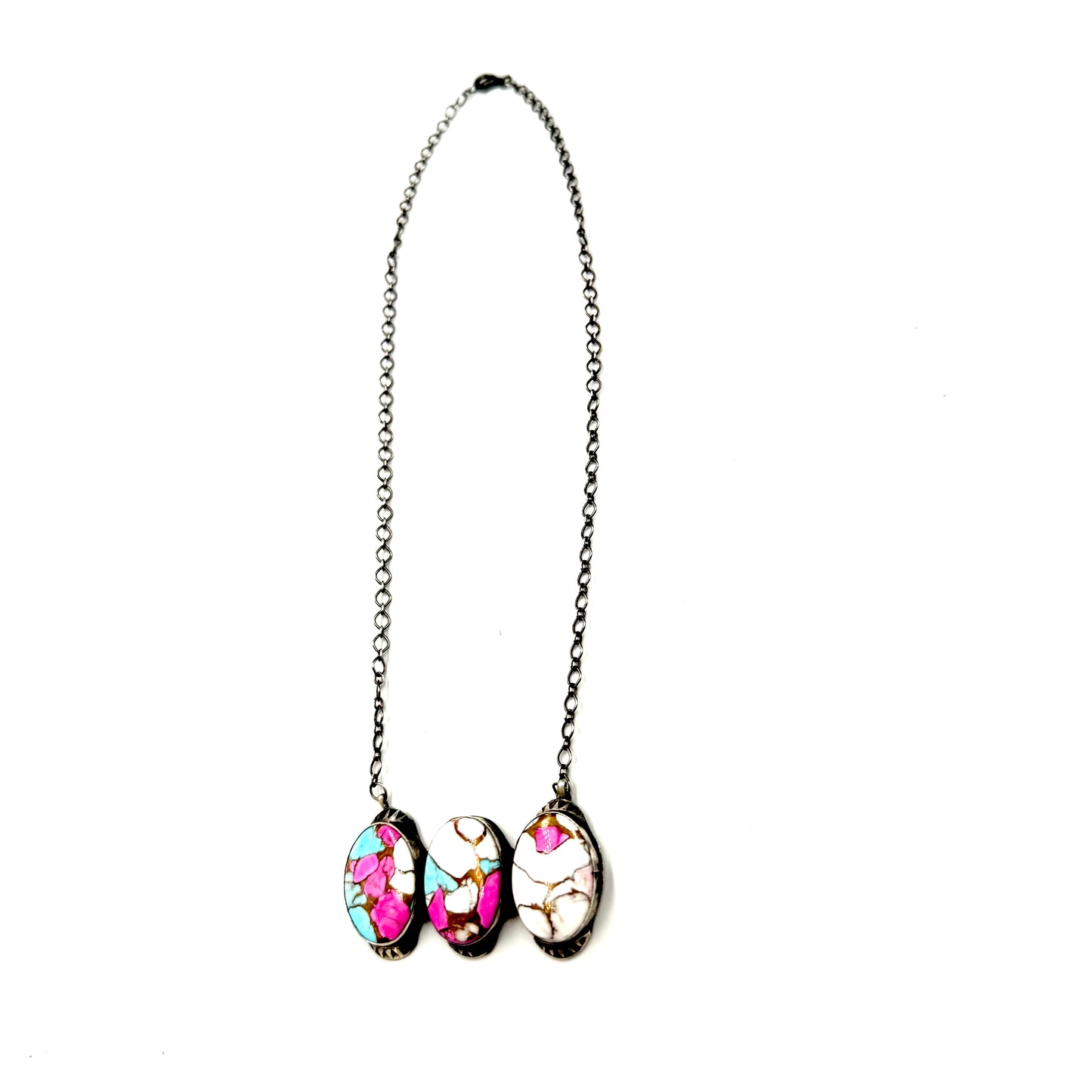 18" 3 Stone Cotton Candy bar necklace By Tia Long, Navajo