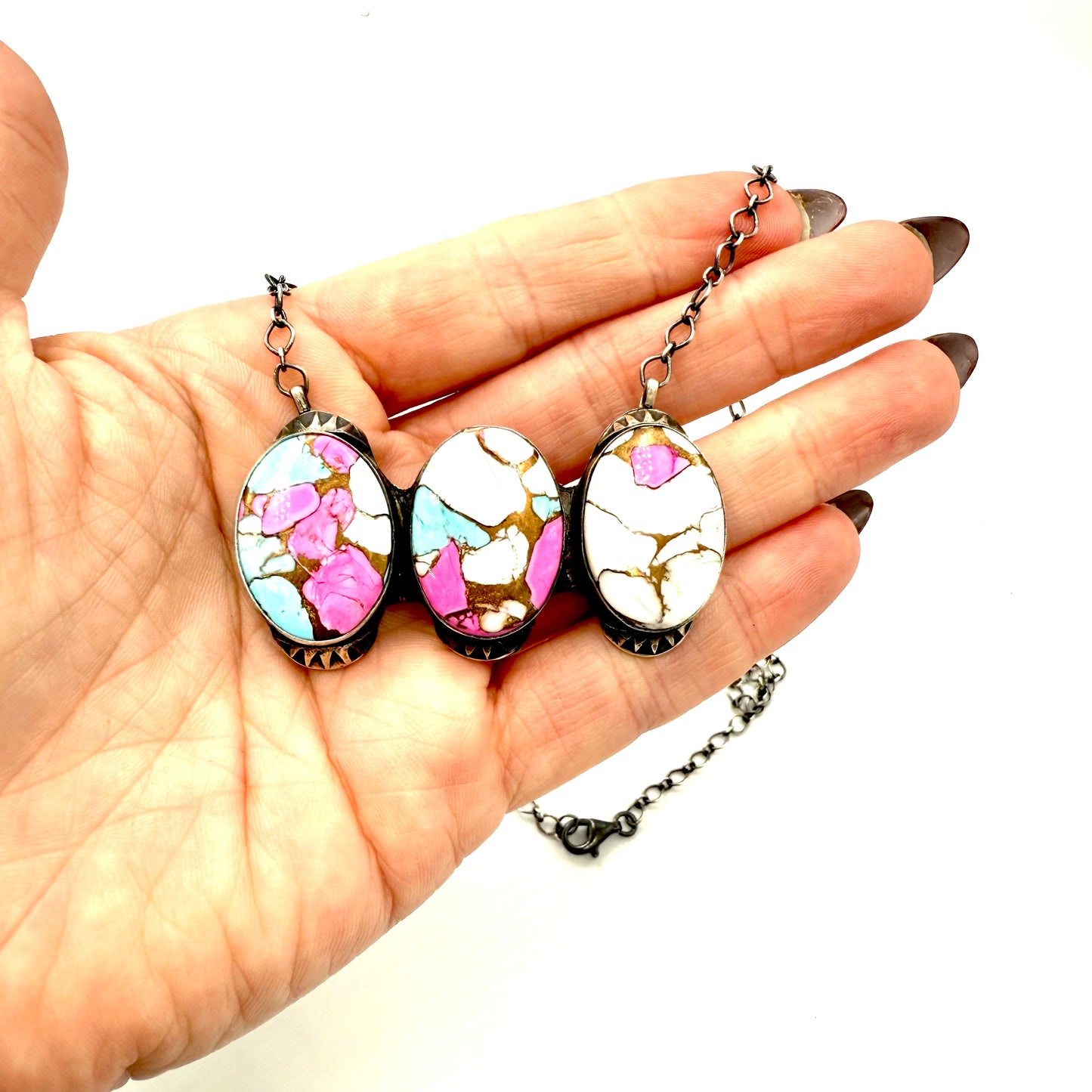 18" 3 Stone Cotton Candy bar necklace By Tia Long, Navajo