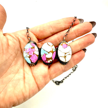 18" 3 Stone Cotton Candy bar necklace By Tia Long, Navajo