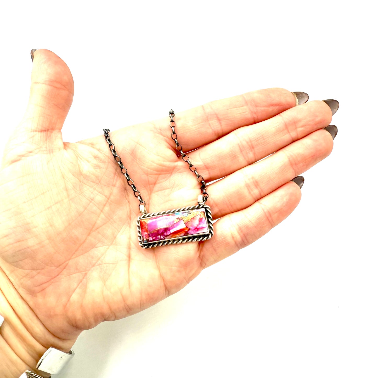 16" Pink Dahlia Bar necklace by Johnny Dixon, Navajo