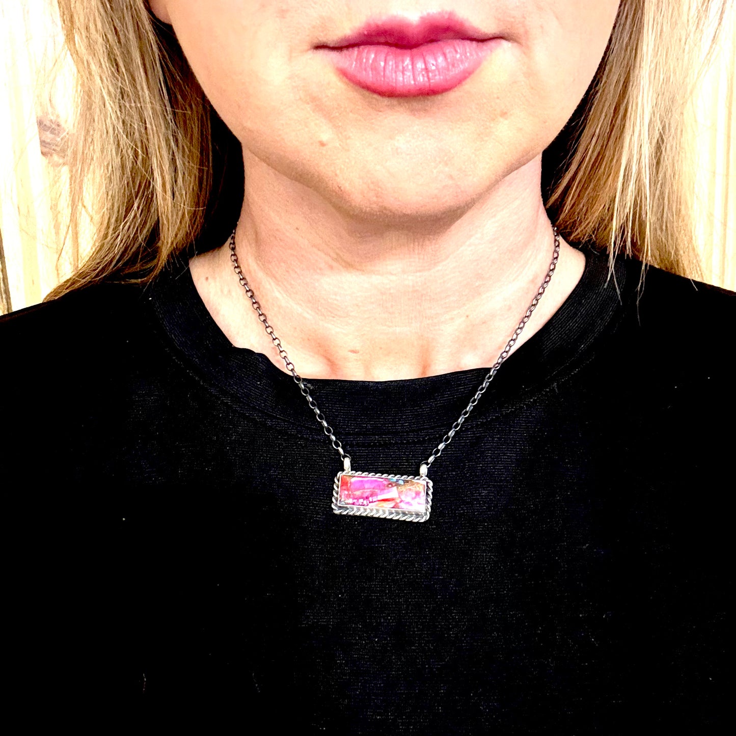16" Pink Dahlia Bar necklace by Johnny Dixon, Navajo