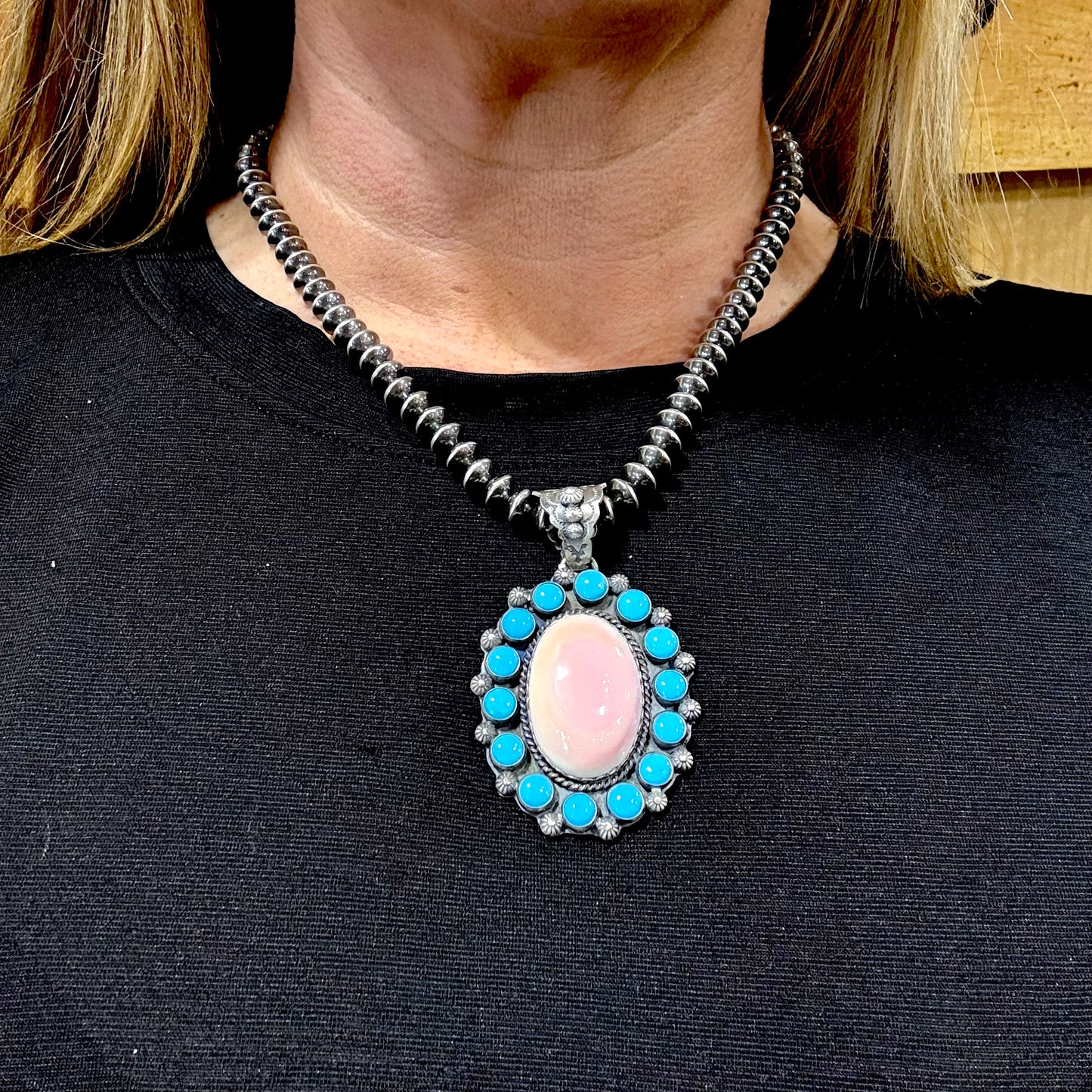 Pink Conch and Turquoise Pendant by Ned Nez