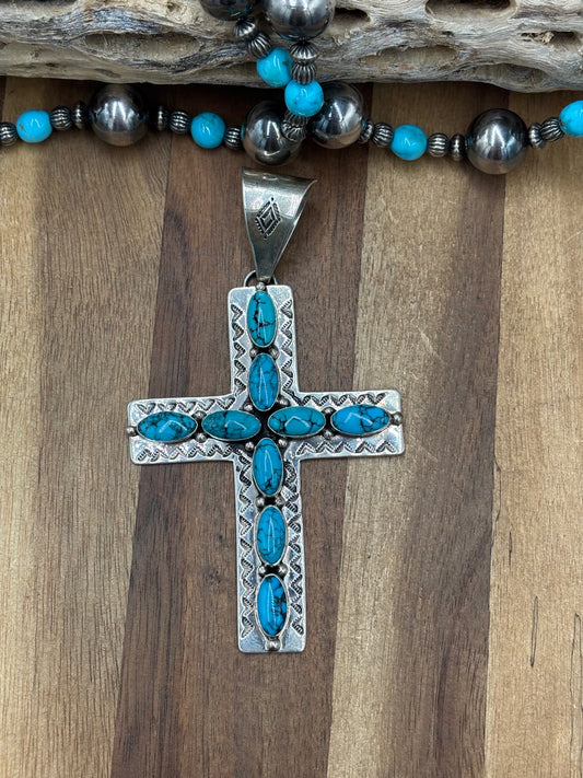 Kingman Turquoise #1022-27 Cross Pendant by E Vjylie, Navajo