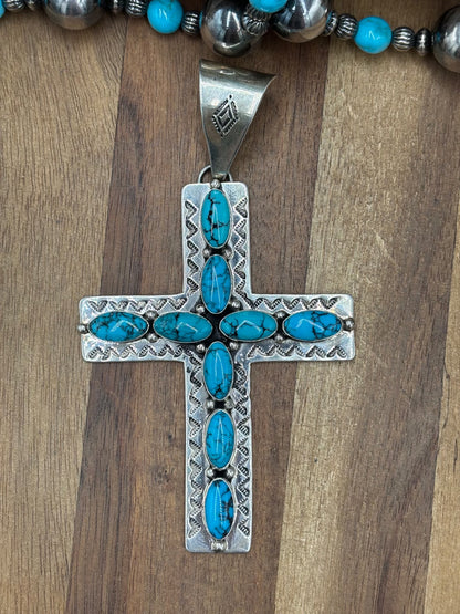 Kingman Turquoise #1022-27 Cross Pendant by E Vjylie, Navajo