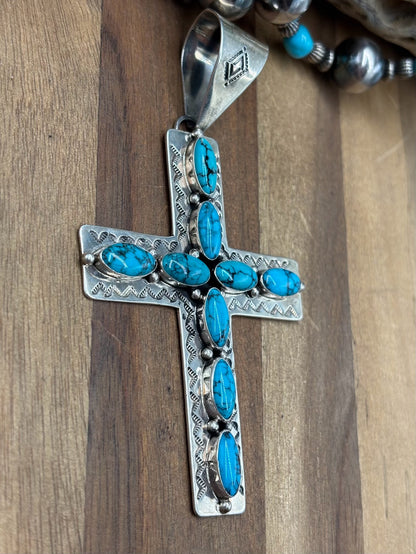 Kingman Turquoise #1022-27 Cross Pendant by E Vjylie, Navajo