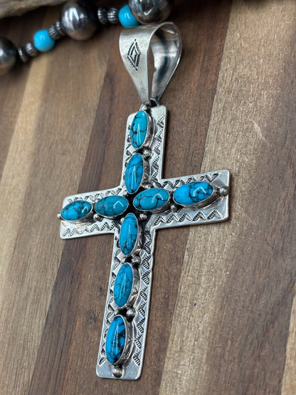 Kingman Turquoise #1022-27 Cross Pendant by E Vjylie, Navajo