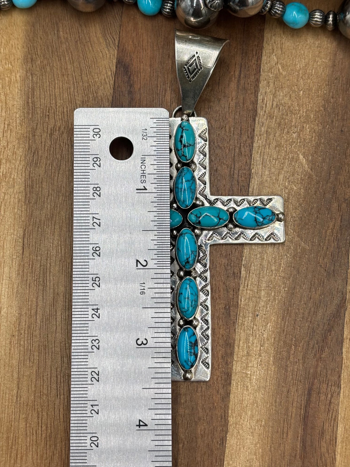 Kingman Turquoise #1022-27 Cross Pendant by E Vjylie, Navajo