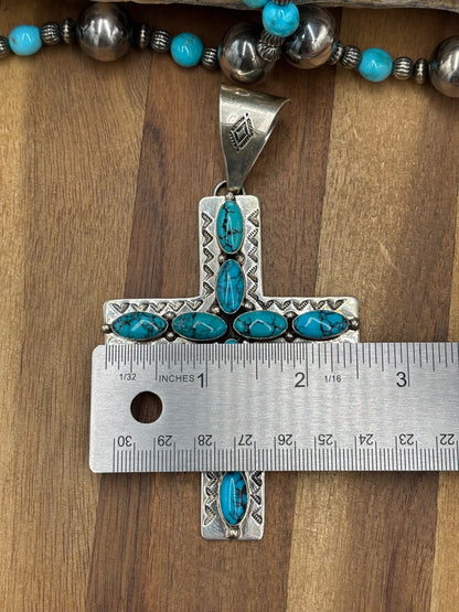 Kingman Turquoise #1022-27 Cross Pendant by E Vjylie, Navajo