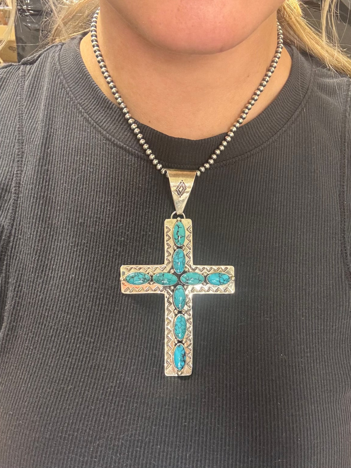 Kingman Turquoise #1022-27 Cross Pendant by E Vjylie, Navajo