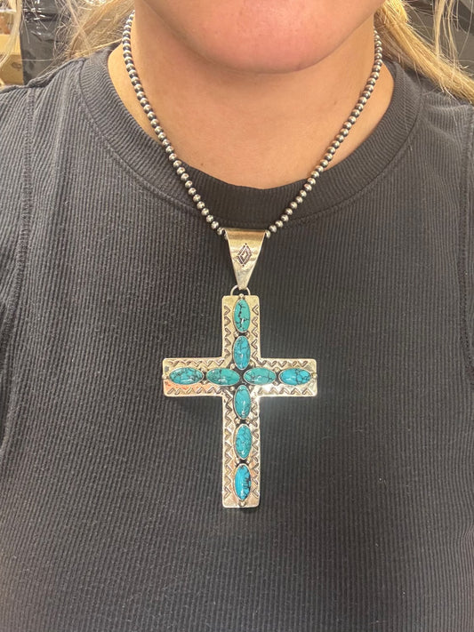 Kingman Turquoise #1022-27 Cross Pendant by E Vjylie, Navajo