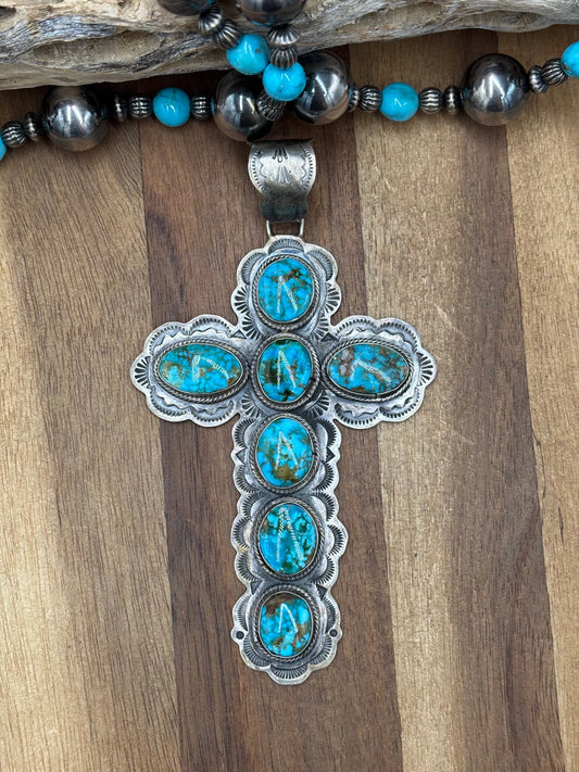 Polychrome Webbed Kingman #1022-26 Turquoise Cross Pendant by Sheila Tso, Navajo