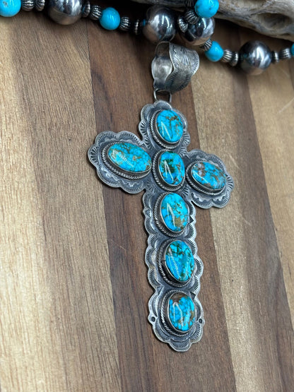 Polychrome Webbed Kingman #1022-26 Turquoise Cross Pendant by Sheila Tso, Navajo