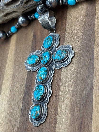 Polychrome Webbed Kingman #1022-26 Turquoise Cross Pendant by Sheila Tso, Navajo