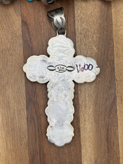 Polychrome Webbed Kingman #1022-26 Turquoise Cross Pendant by Sheila Tso, Navajo