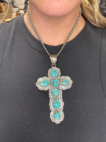 Polychrome Webbed Kingman #1022-26 Turquoise Cross Pendant by Sheila Tso, Navajo