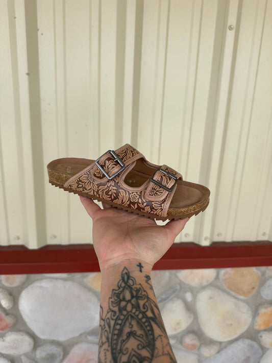 The Prairie Rose – Tooled Double Buckle Sandal