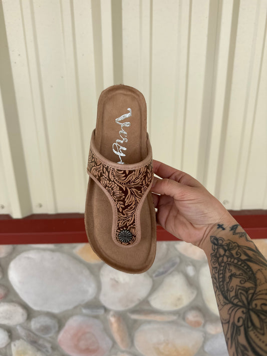 The Western Bloom – Tooled Leather Slide Sandal