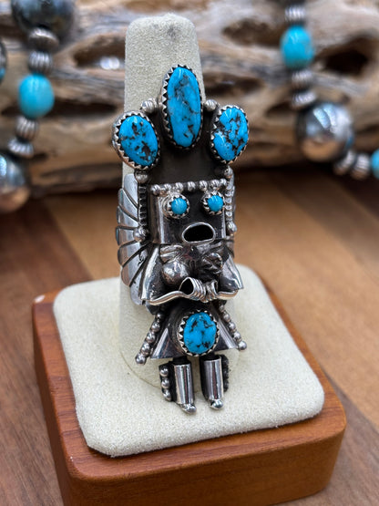 Morning Singer Kachina Ring #4 Sz 10 by Doris Smallcanyon, Navajo