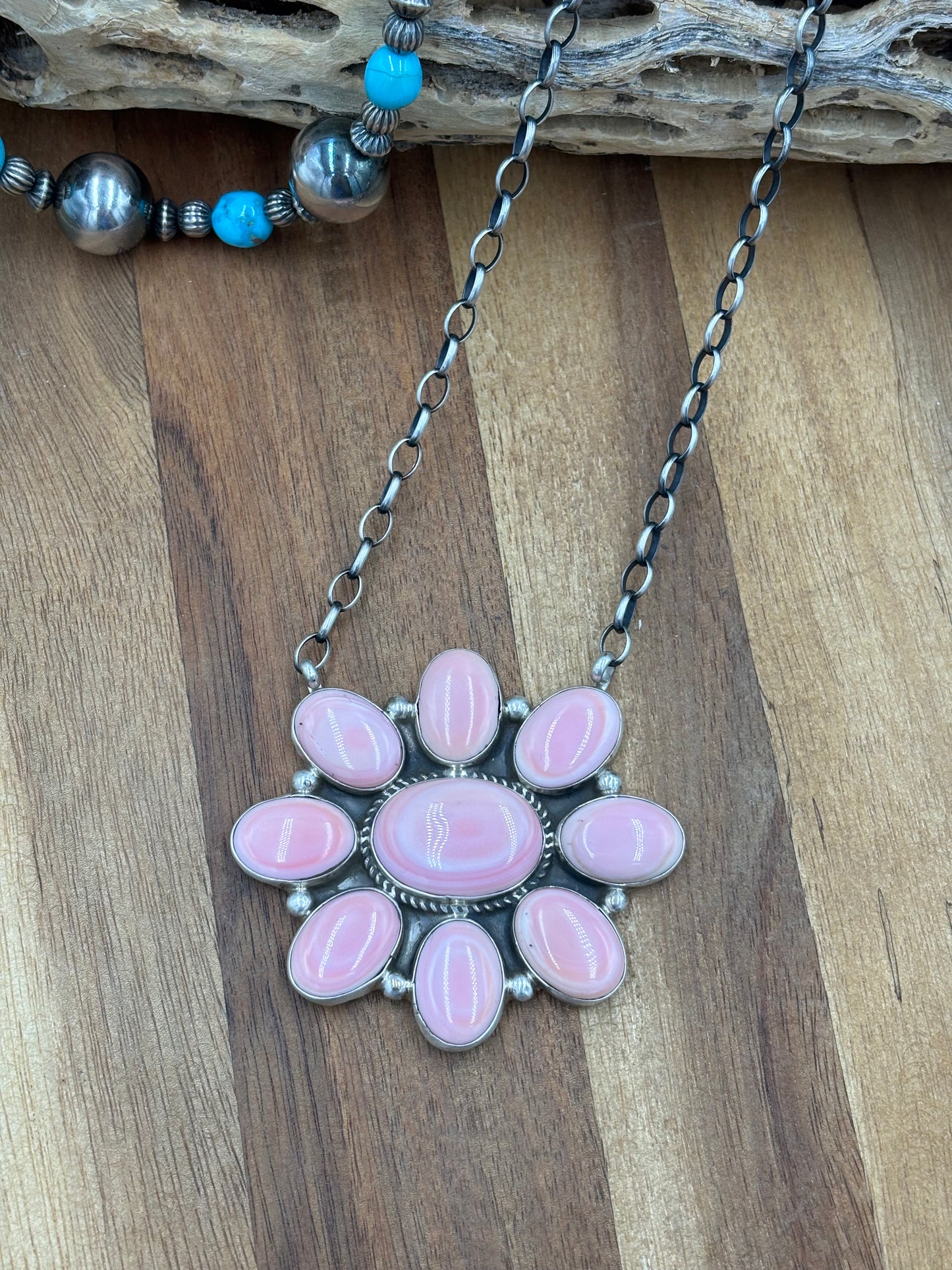 Pink Conch Cluster Necklace #1 by Geraldine James, Navajo