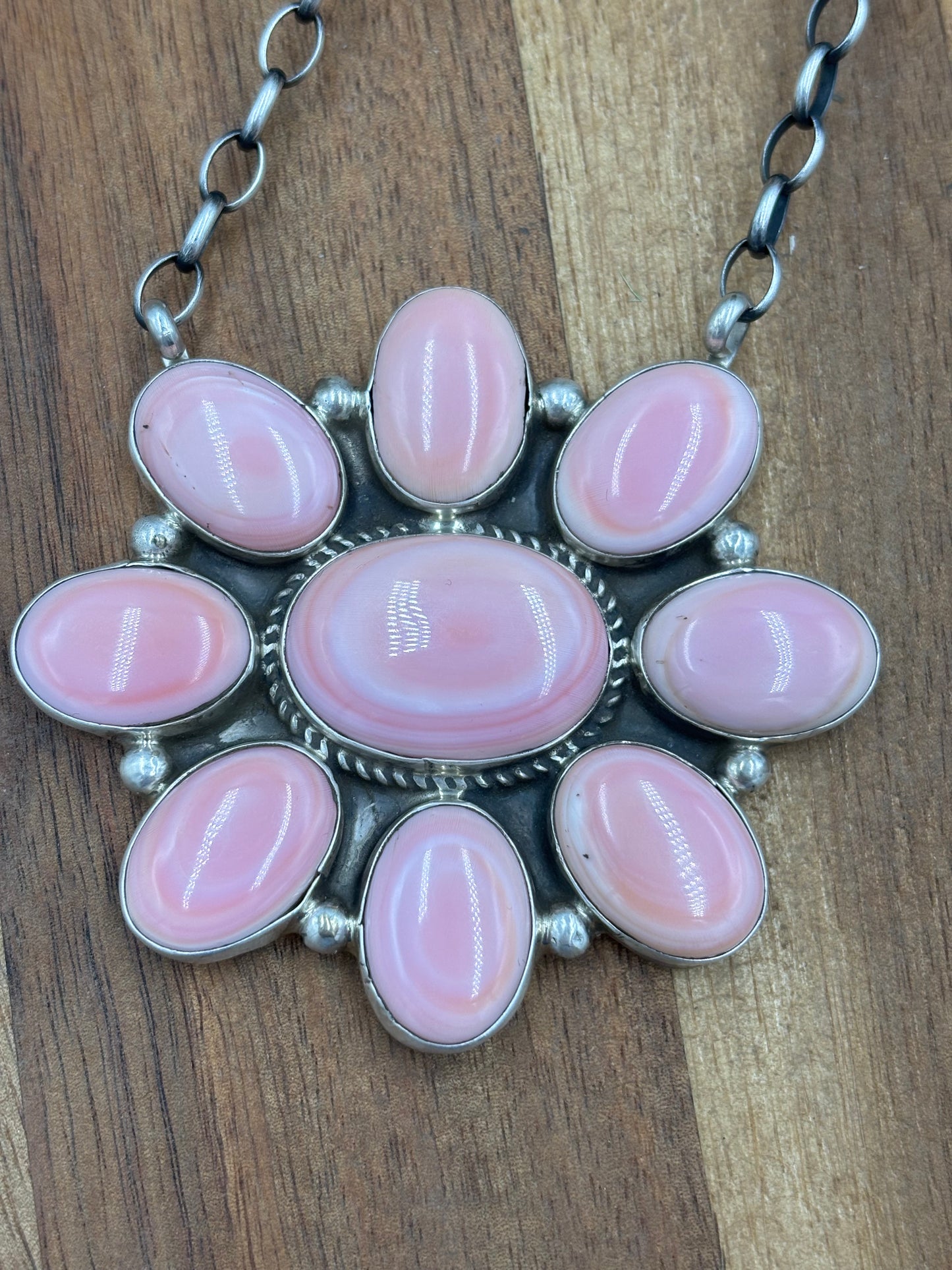 Pink Conch Cluster Necklace #1 by Geraldine James, Navajo