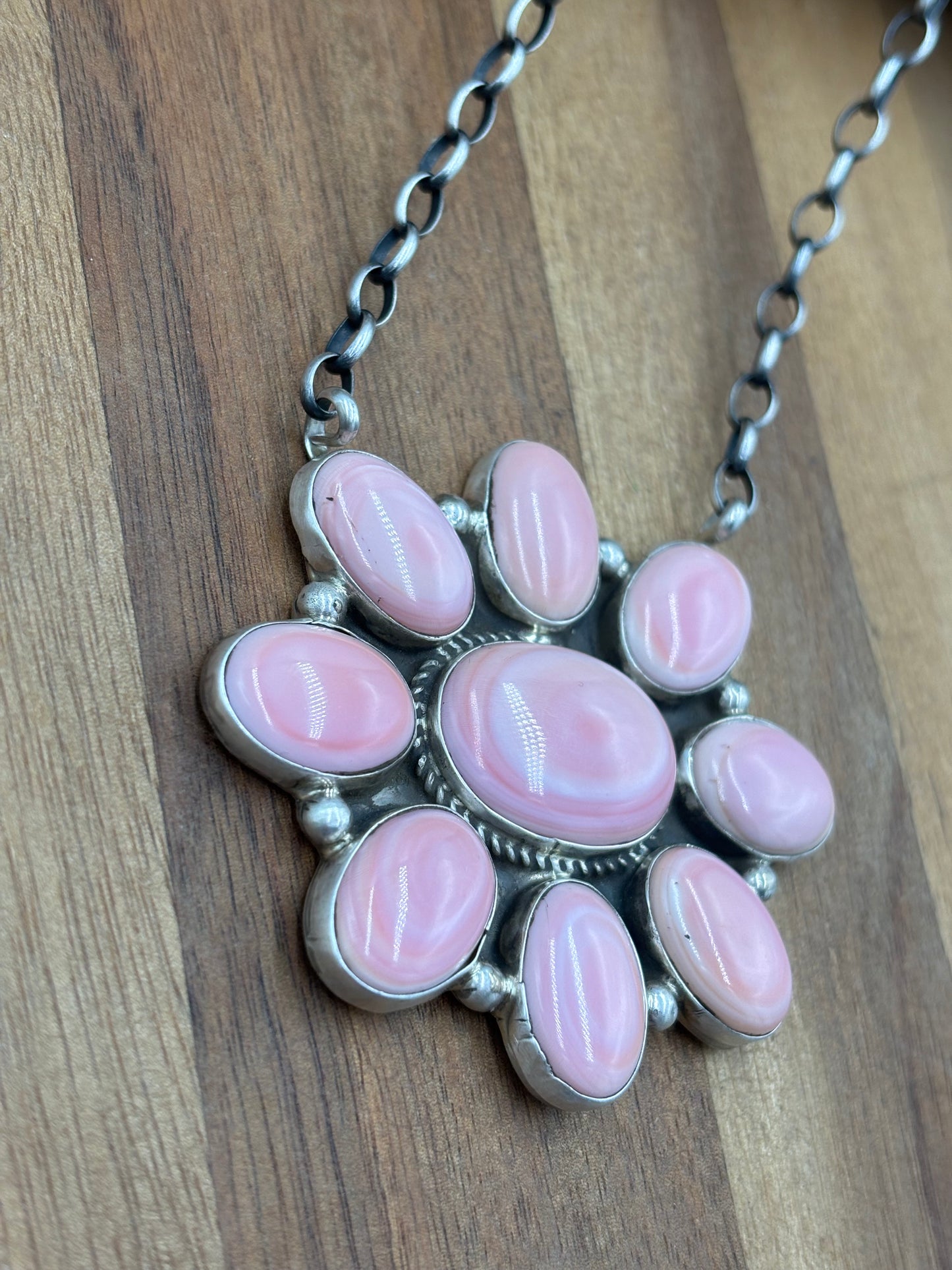 Pink Conch Cluster Necklace #1 by Geraldine James, Navajo