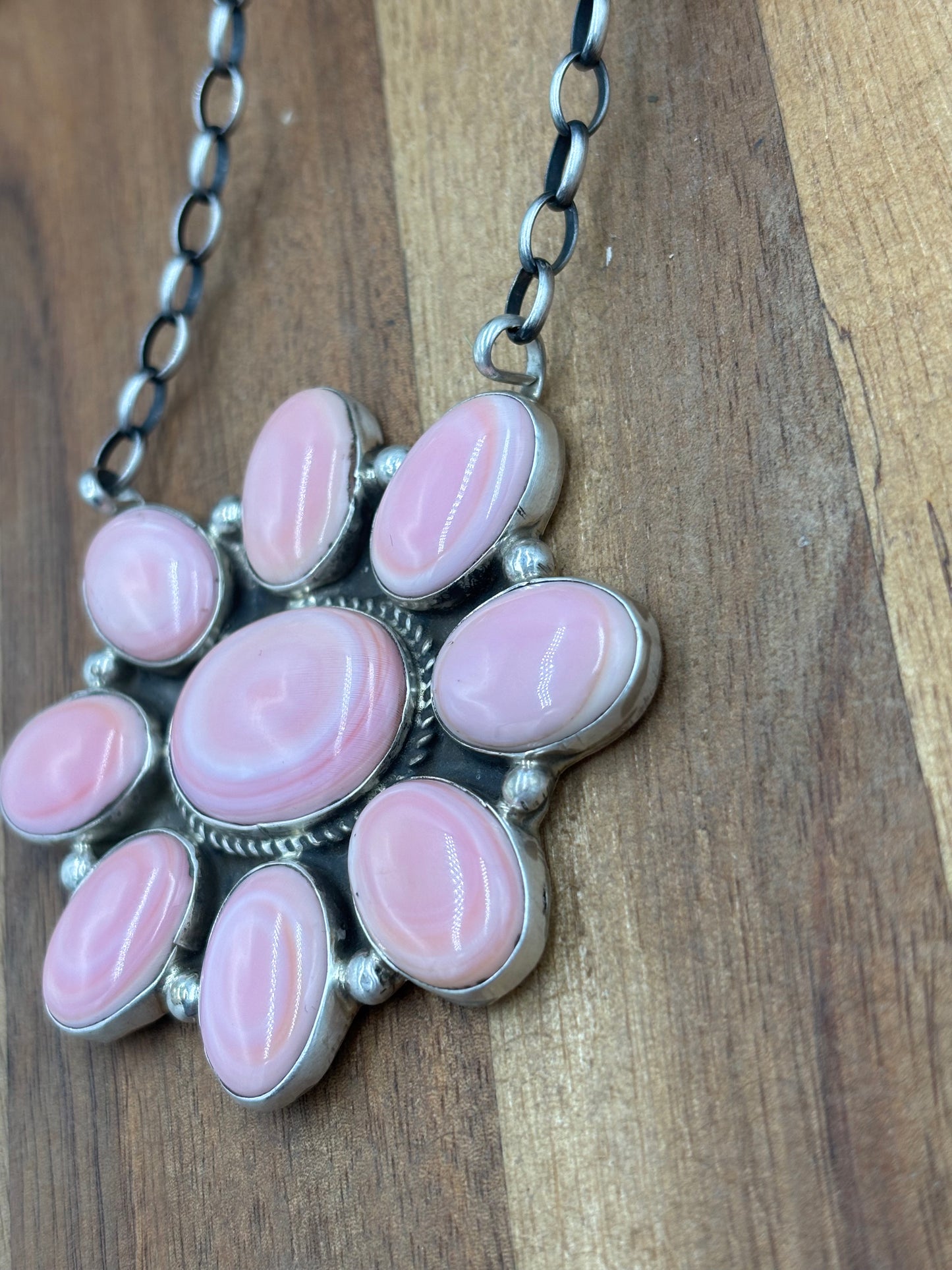 Pink Conch Cluster Necklace #1 by Geraldine James, Navajo