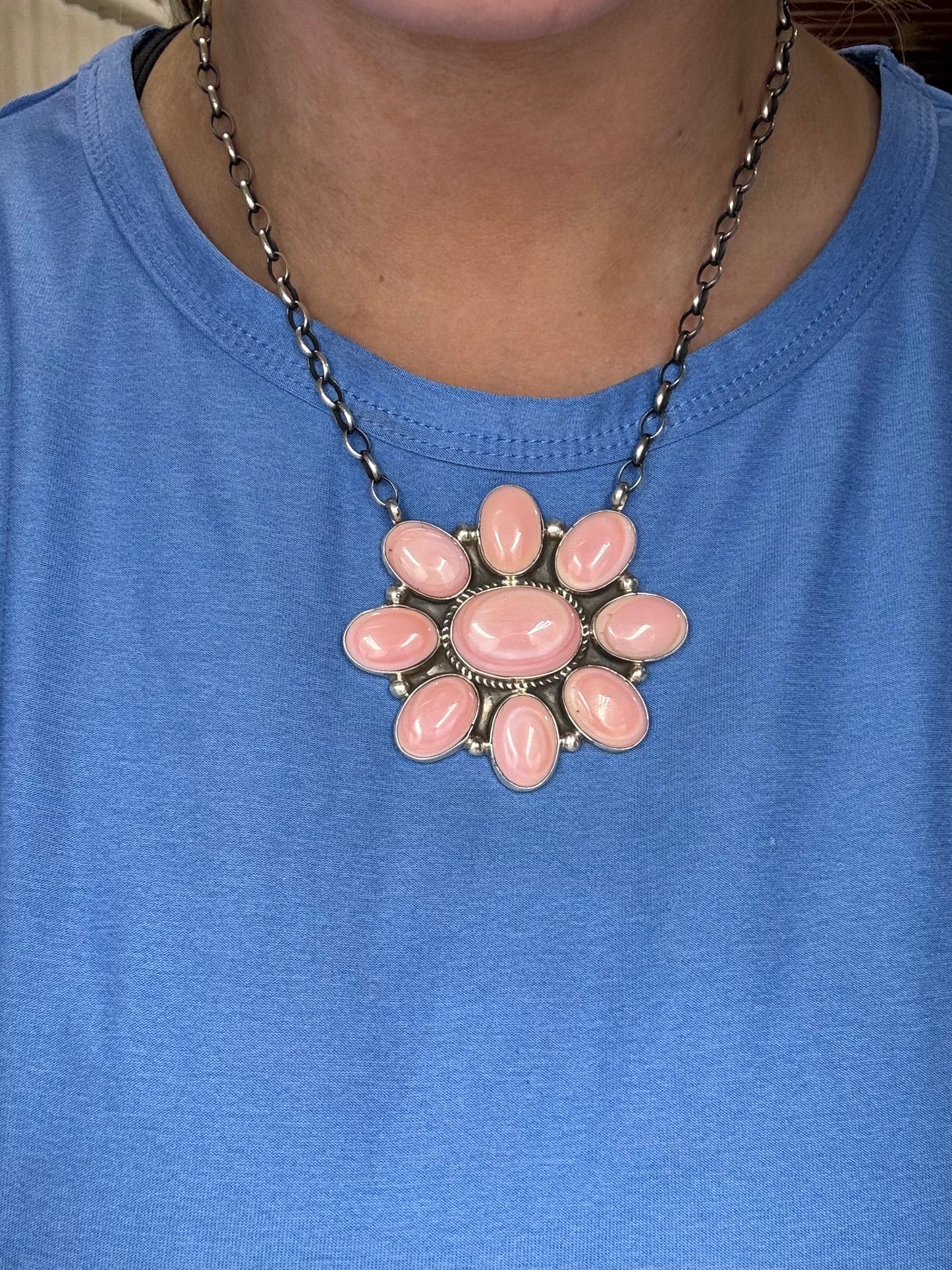 Pink Conch Cluster Necklace #1 by Geraldine James, Navajo