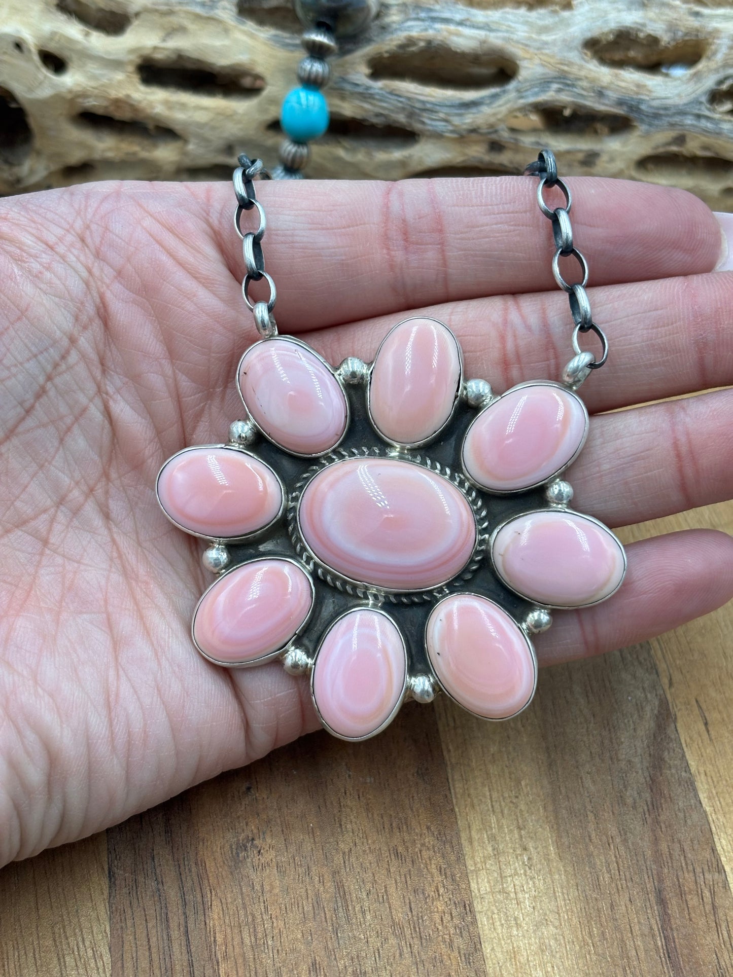 Pink Conch Cluster Necklace #1 by Geraldine James, Navajo