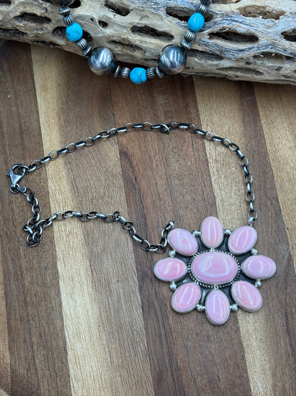 Pink Conch Cluster Necklace #1 by Geraldine James, Navajo