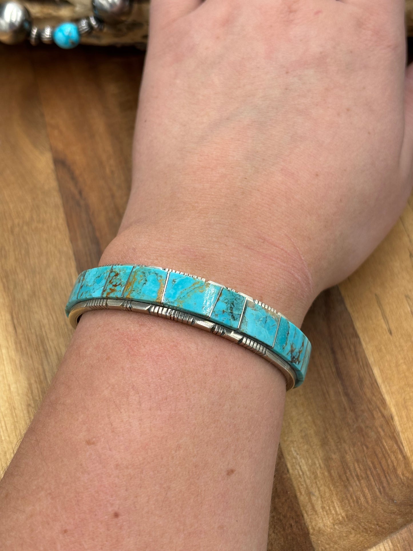Kingman Inlayed Cuff #1 by Steve Francisco, Navajo