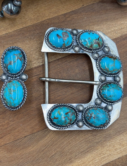Morenci Turquoise Sterling Silver Belt Buckle Set by Jacob Lujan
