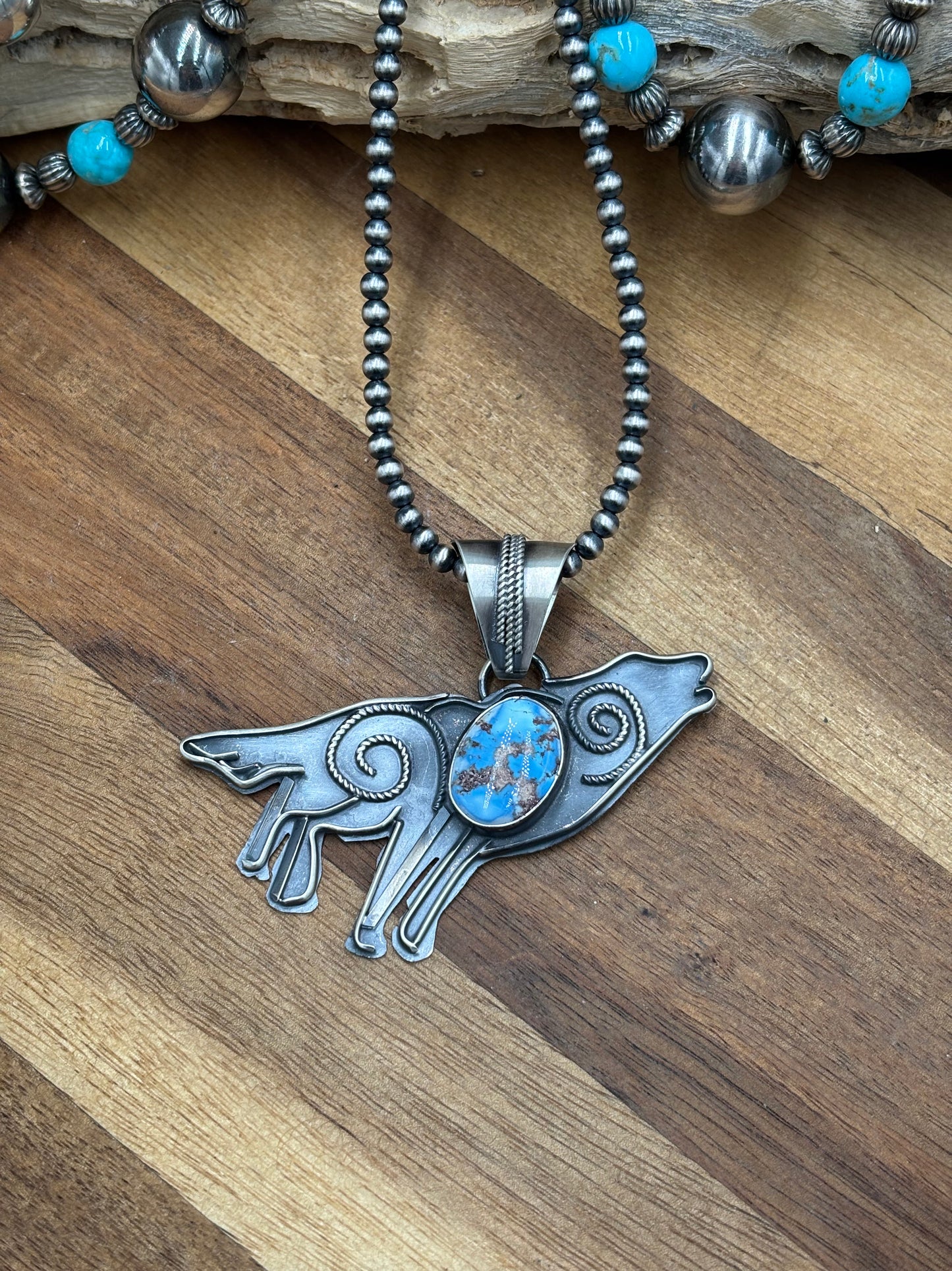 Golden Hills Howling Wolf Pendant by Miranda Willie, Navajo