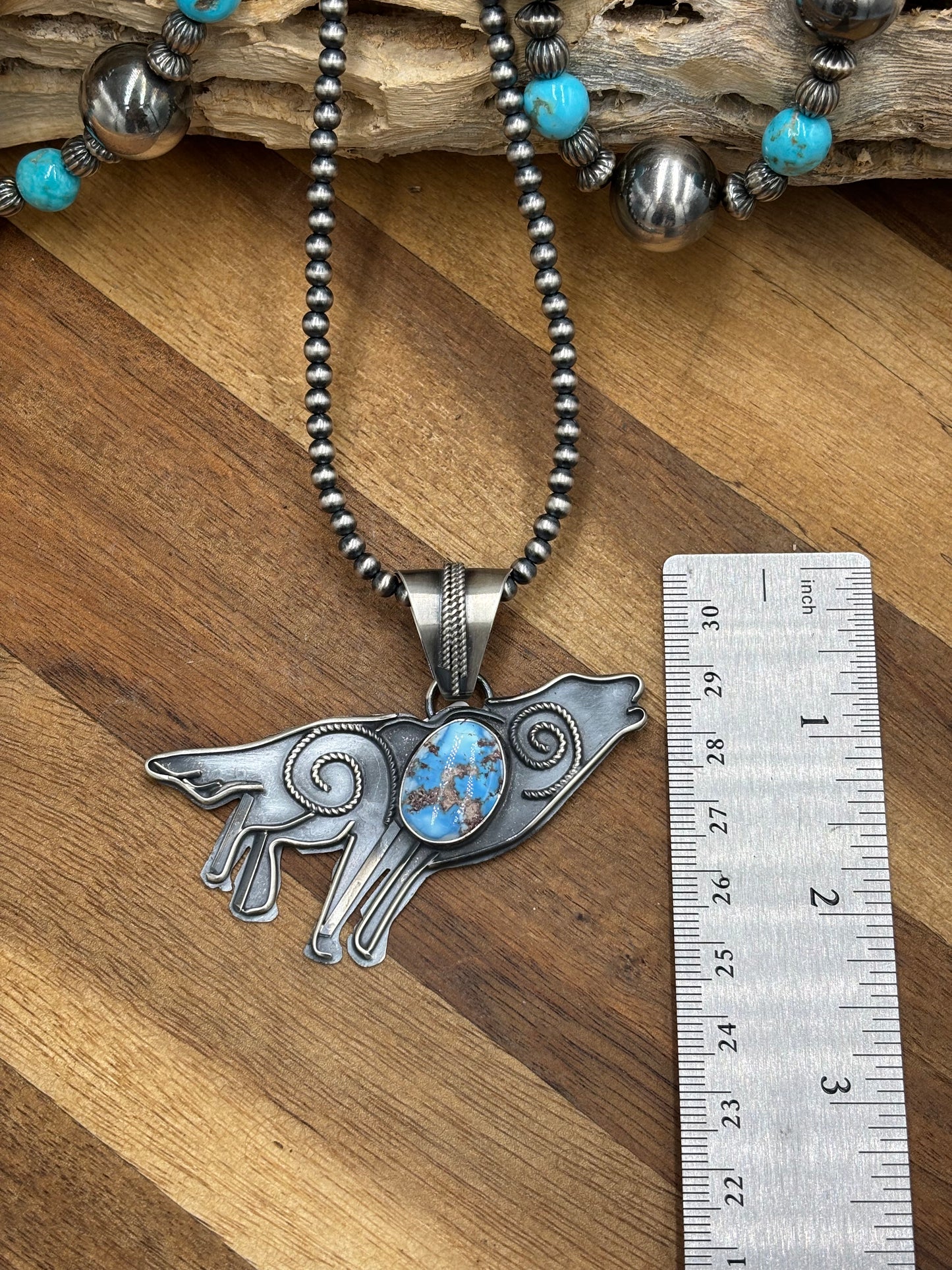 Golden Hills Howling Wolf Pendant by Miranda Willie, Navajo