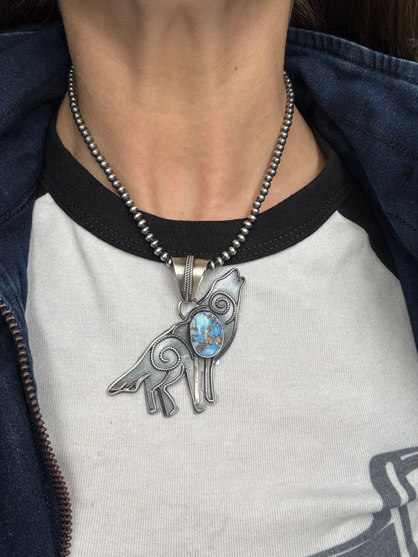 Golden Hills Howling Wolf Pendant by Miranda Willie, Navajo