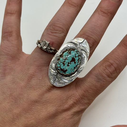 Lujan Silver Mine #8 Turquoise Engraved Backplate Adjustable Ring by Jake Lujan