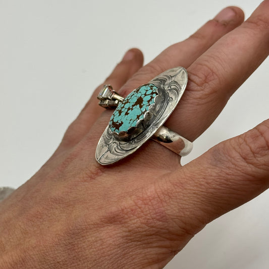 Lujan Silver Mine #8 Turquoise Engraved Backplate Adjustable Ring by Jake Lujan