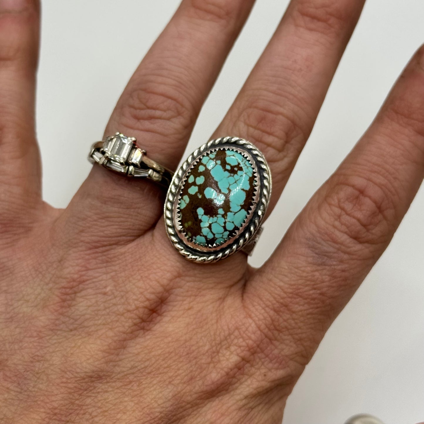 Lujan Silver Mine #8 Turquoise Engraved Band Adjustable Ring by Jake Lujan