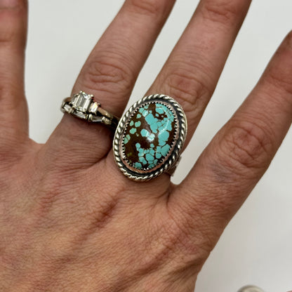 Lujan Silver Mine #8 Turquoise Engraved Band Adjustable Ring by Jake Lujan