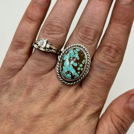 Lujan Silver Mine #8 Turquoise Engraved Band Adjustable Ring by Jake Lujan