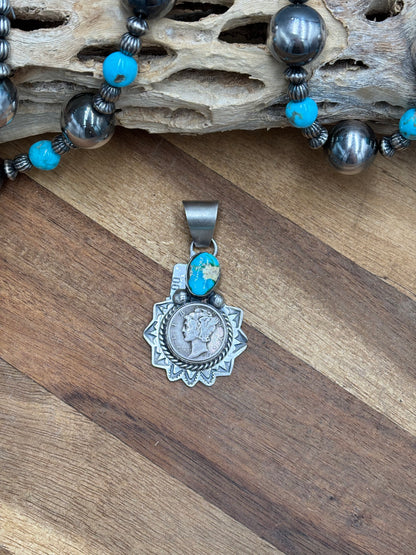 Sonoran Gold Liberty 1944 Dime Pendant by H Joe, Navajo