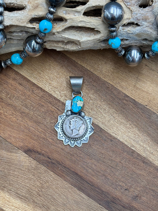 Sonoran Gold Liberty 1944 Dime Pendant by H Joe, Navajo