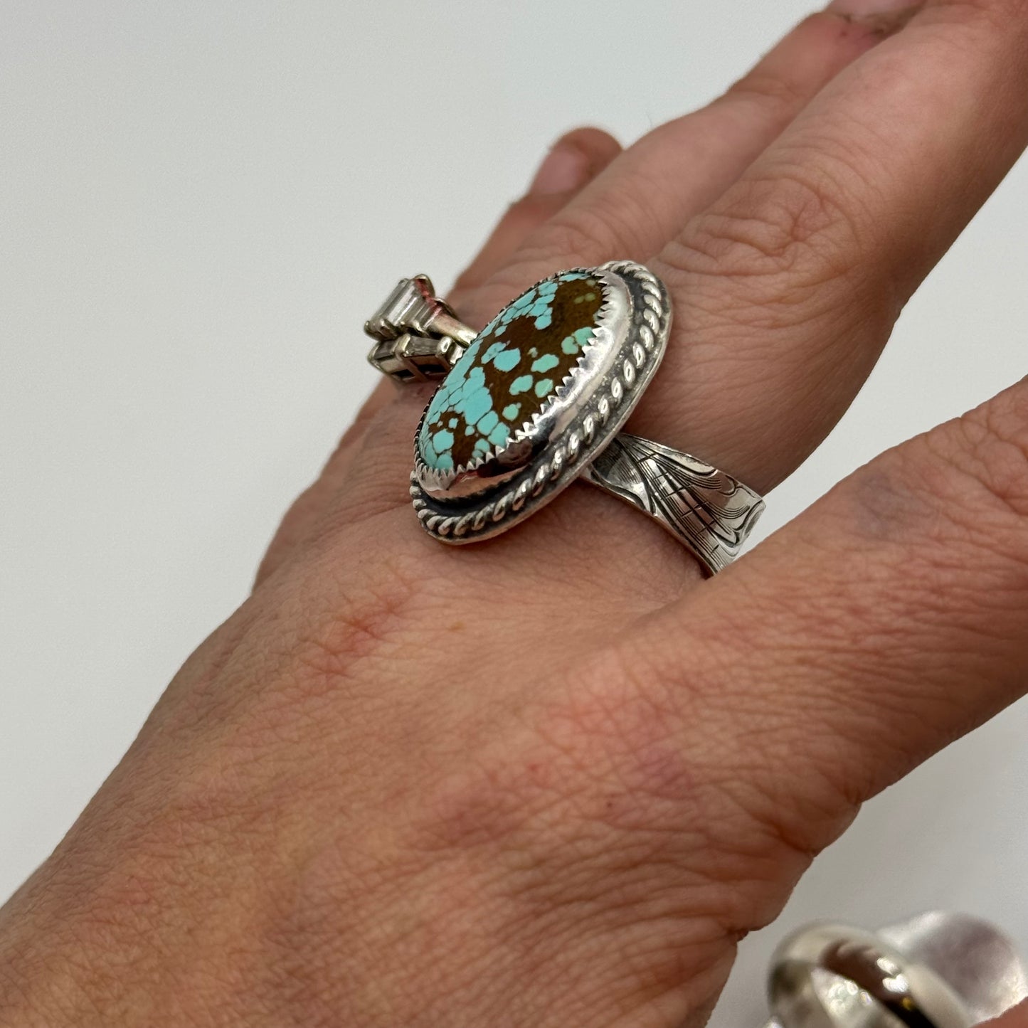 Lujan Silver Mine #8 Turquoise Engraved Band Adjustable Ring by Jake Lujan