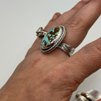 Lujan Silver Mine #8 Turquoise Engraved Band Adjustable Ring by Jake Lujan