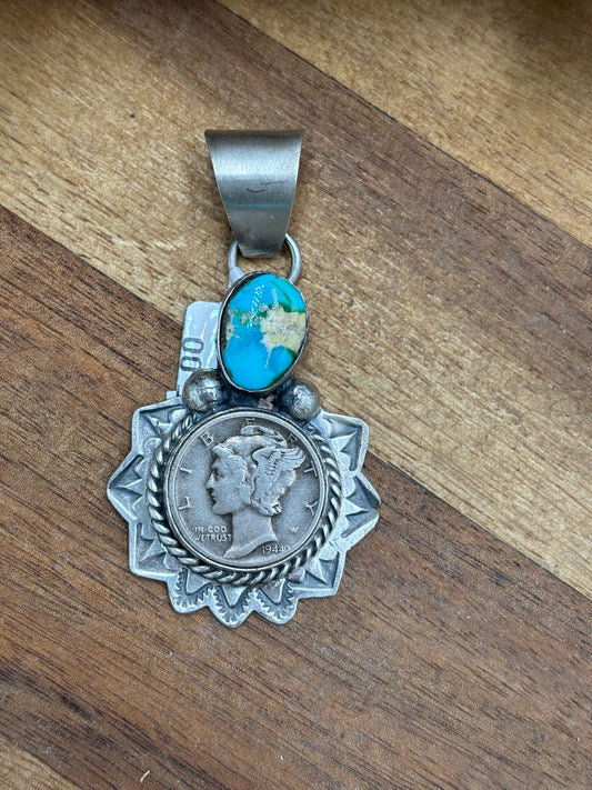Sonoran Gold Liberty 1944 Dime Pendant by H Joe, Navajo
