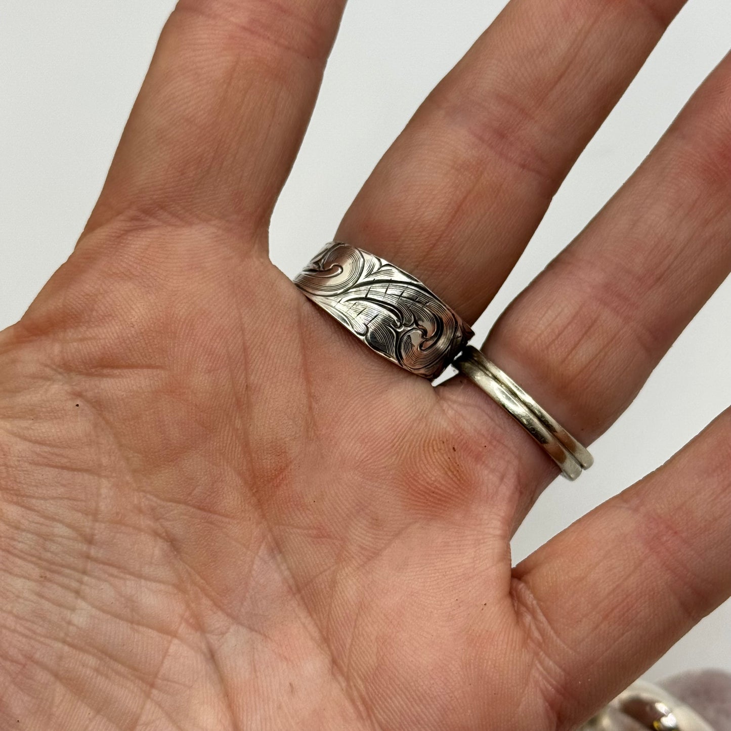 Lujan Silver Mine #8 Turquoise Engraved Band Adjustable Ring by Jake Lujan