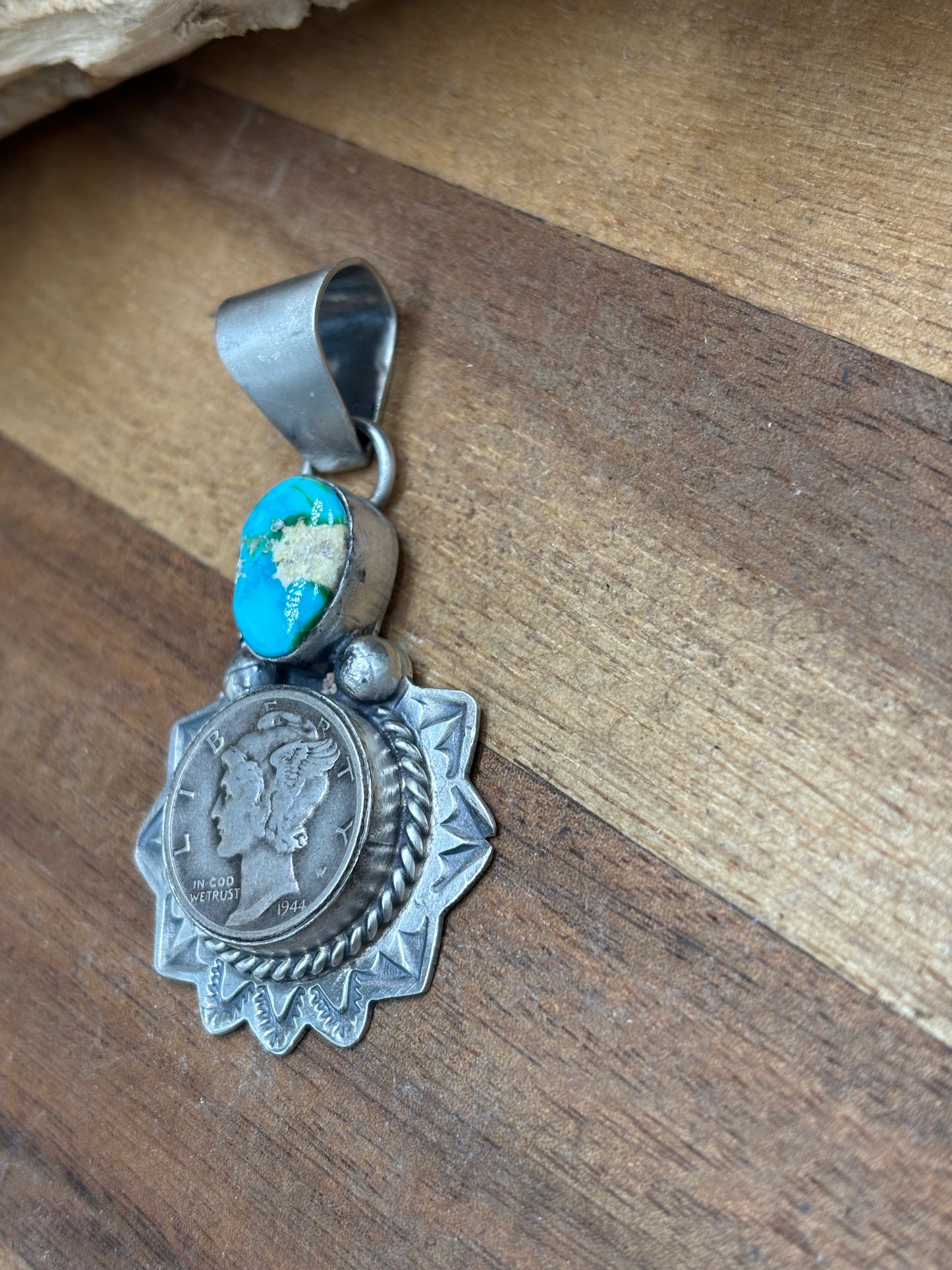 Sonoran Gold Liberty 1944 Dime Pendant by H Joe, Navajo