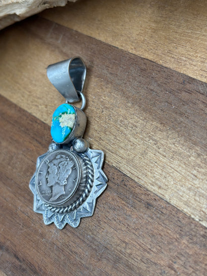 Sonoran Gold Liberty 1944 Dime Pendant by H Joe, Navajo