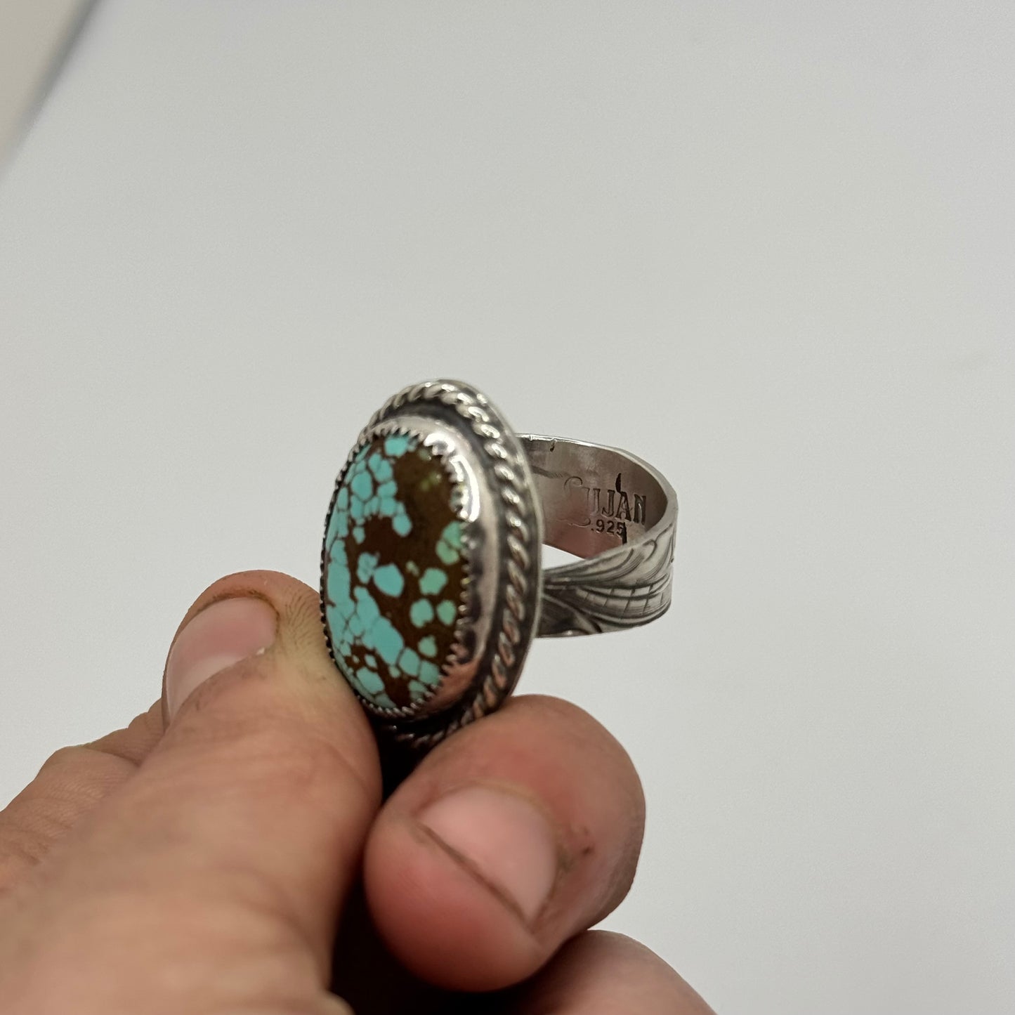 Lujan Silver Mine #8 Turquoise Engraved Band Adjustable Ring by Jake Lujan