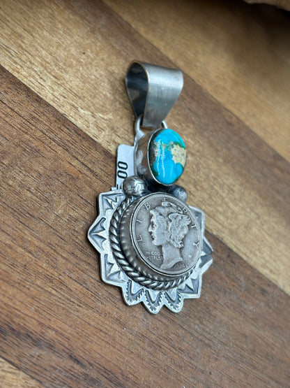Sonoran Gold Liberty 1944 Dime Pendant by H Joe, Navajo