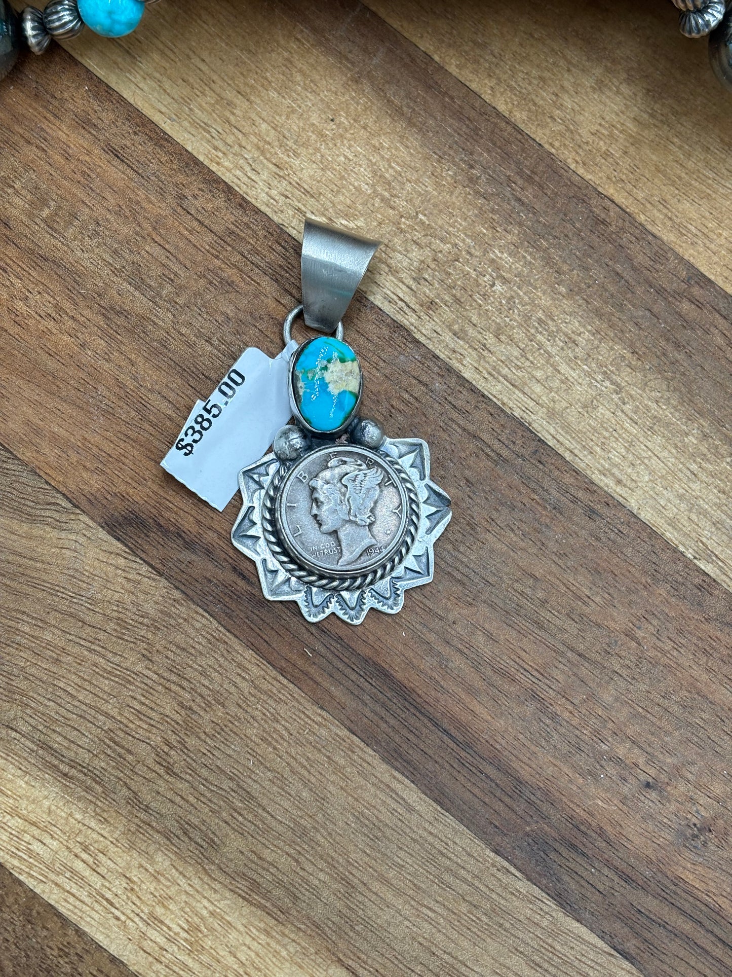 Sonoran Gold Liberty 1944 Dime Pendant by H Joe, Navajo